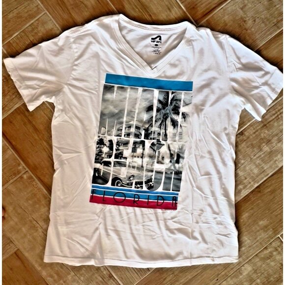 Surf Style MIAMI BEACH Mens L T-Shirt Florida South Beach 100% Cot ton V-Neck - Picture 1 of 7